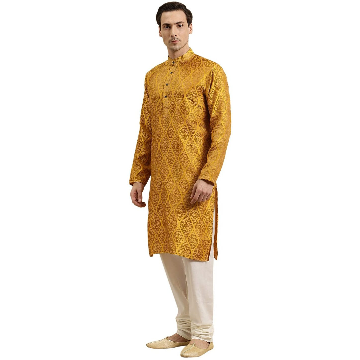 Sojanya (Since 1958 Men's Jacquard Silk Mustard & Gold Kurta Size 42