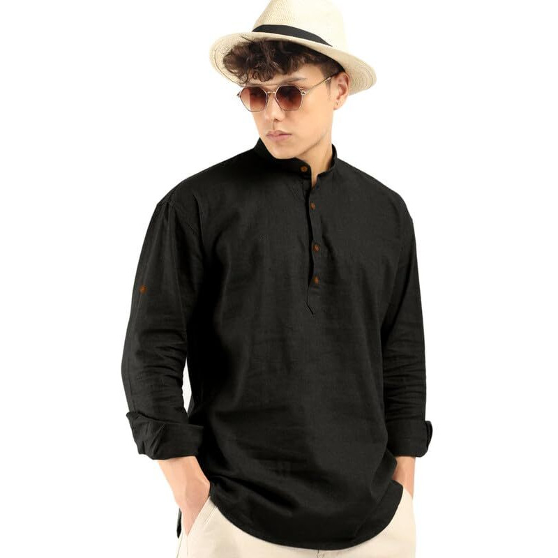 Royalscout Men's Cotton Polyester Blend Solid Regular Fit Full Sleeve Short Kurta Black