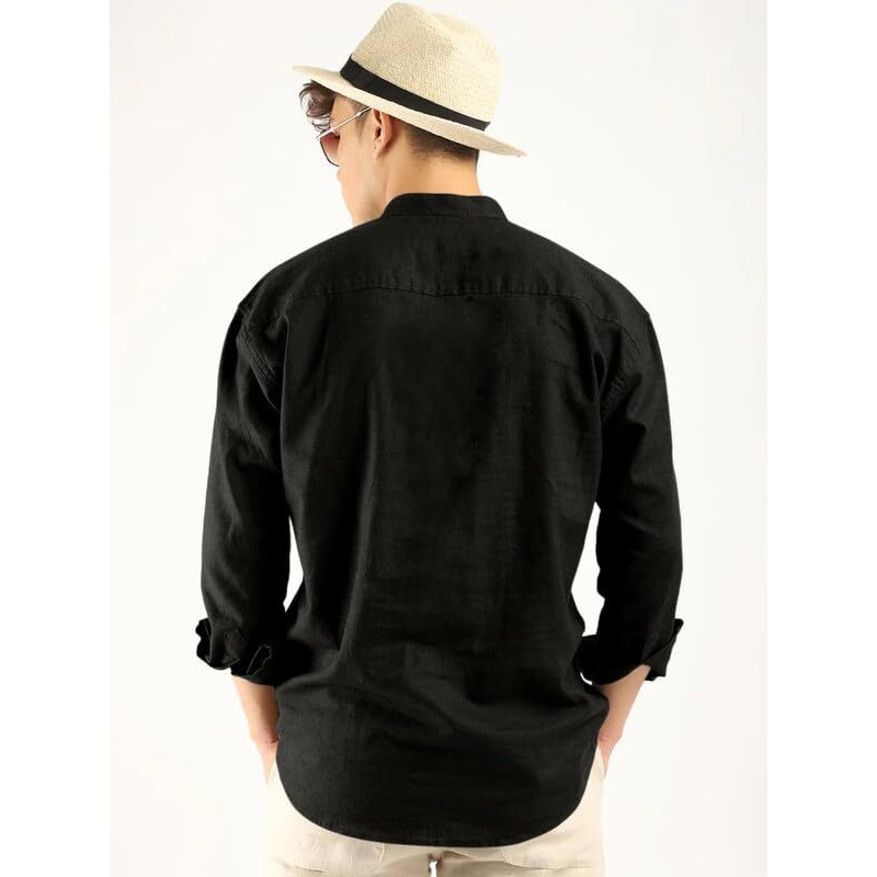 Royalscout Men's Cotton Polyester Blend Solid Regular Fit Full Sleeve Short Kurta Black