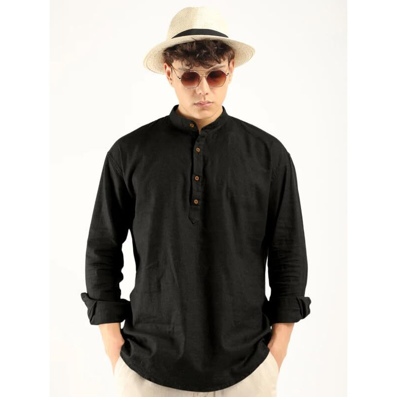 Royalscout Men's Cotton Polyester Blend Solid Regular Fit Full Sleeve Short Kurta Black
