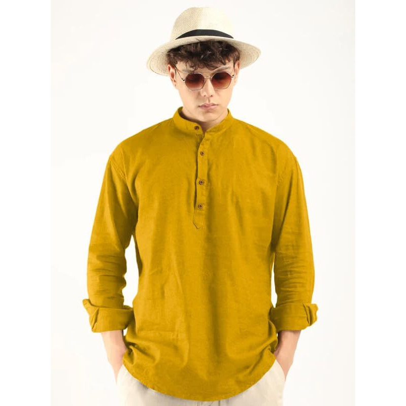 Royalscout Men's Cotton Polyester Blend Solid Regular Fit Full Sleeve Short Kurta Gold
