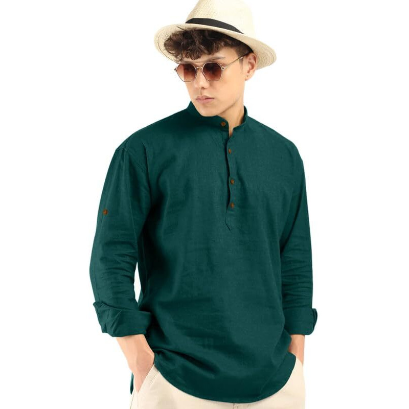 Royalscout Men's Cotton Polyester Blend Solid Regular Fit Full Sleeve Short Kurta Green
