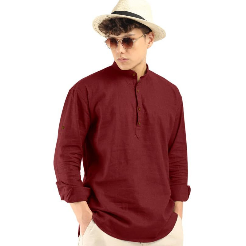 Royalscout Men's Cotton Polyester Blend Solid Regular Fit Full Sleeve Short Kurta Maroon