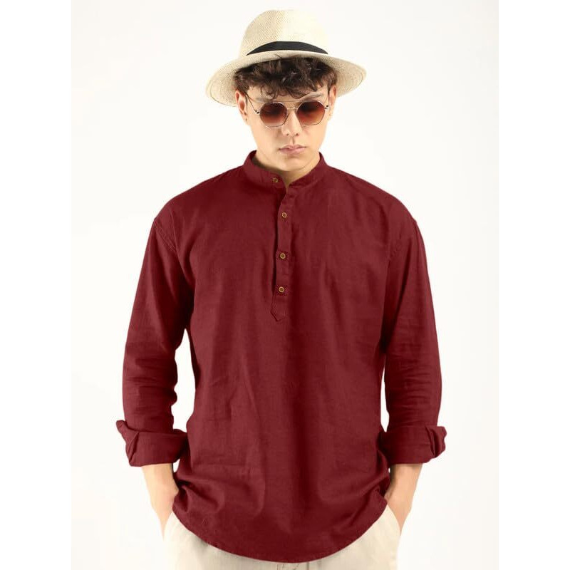 Royalscout Men's Cotton Polyester Blend Solid Regular Fit Full Sleeve Short Kurta Maroon