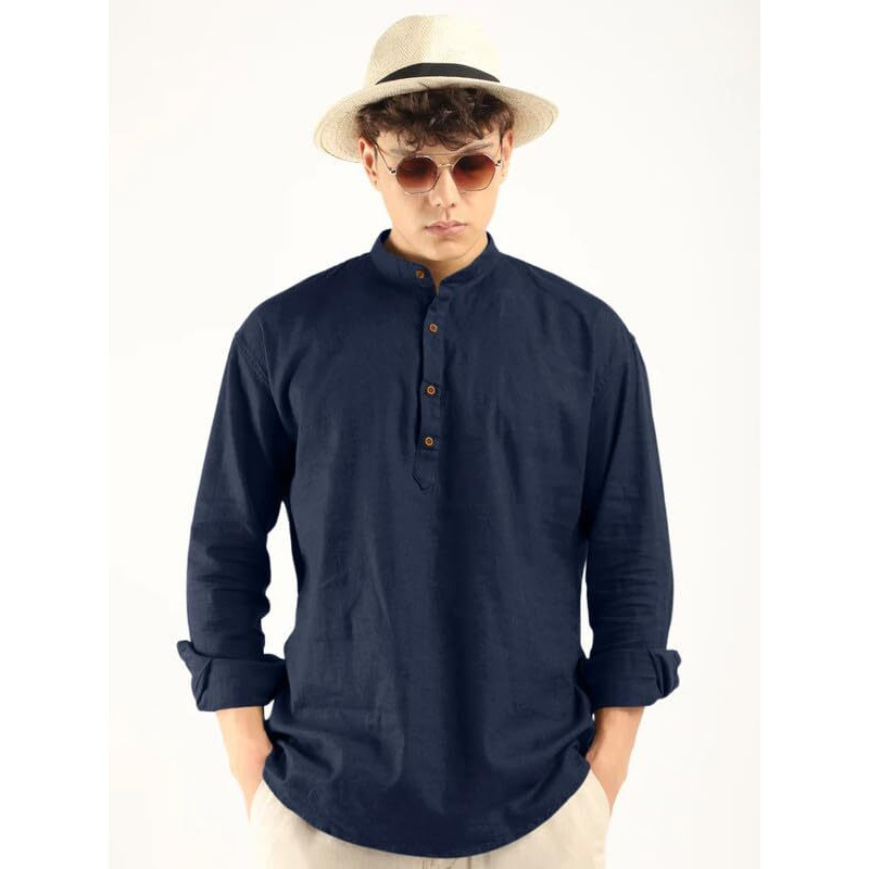 Royalscout Men's Cotton Polyester Blend Solid Regular Fit Full Sleeve Short Kurta Navy