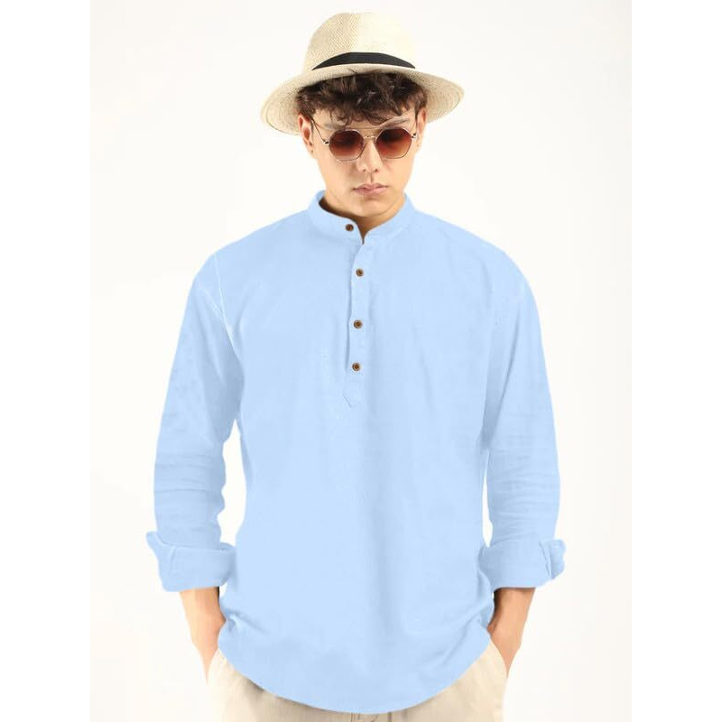Royalscout Men's Cotton Polyester Blend Solid Regular Fit Full Sleeve Short Kurta Sky