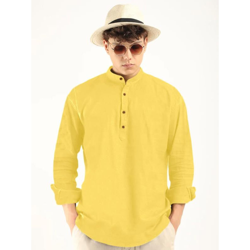 Royalscout Men's Cotton Polyester Blend Solid Regular Fit Full Sleeve Short Kurta Yellow