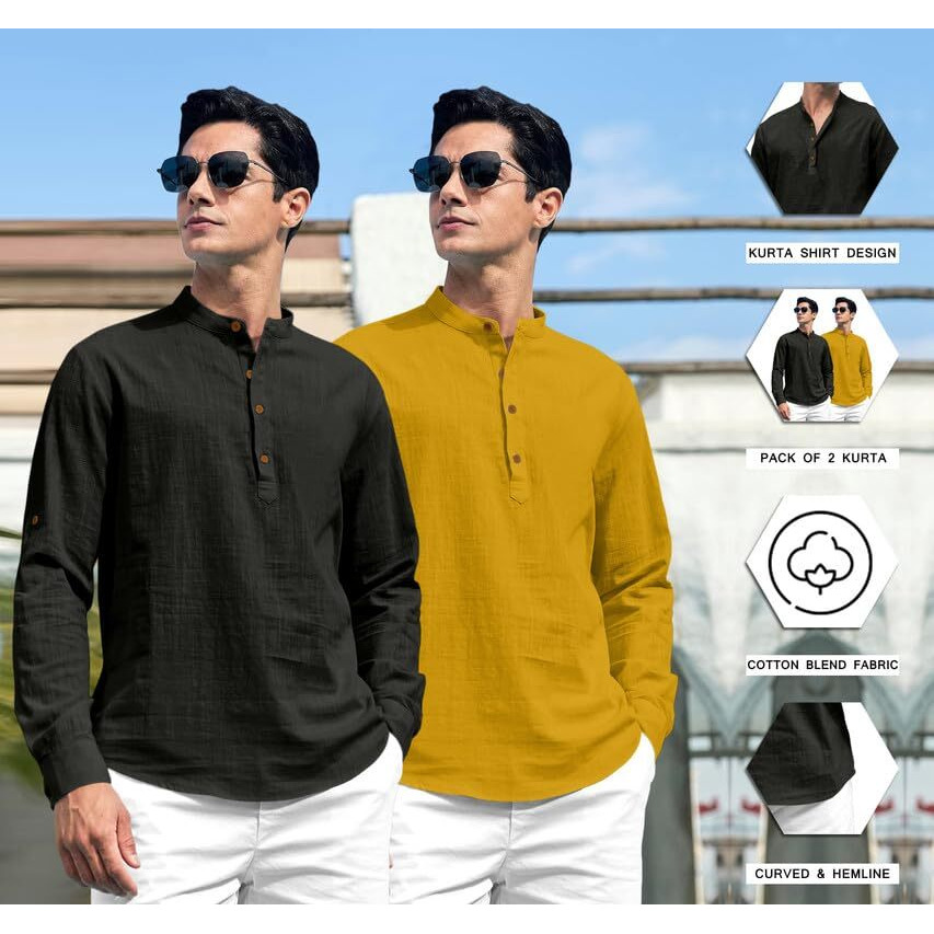 Royalscout Combo Of Men's Solid Cotton Blend Full Sleeve Straight Kurta Shirt (Pack Of 2) Black-Gold