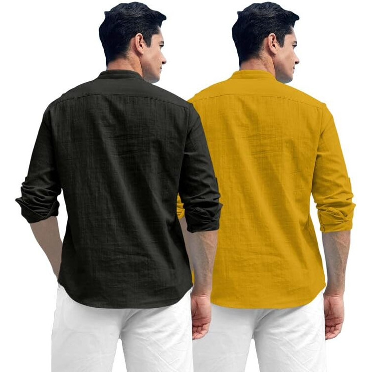 Royalscout Combo Of Men's Solid Cotton Blend Full Sleeve Straight Kurta Shirt (Pack Of 2) Black-Gold