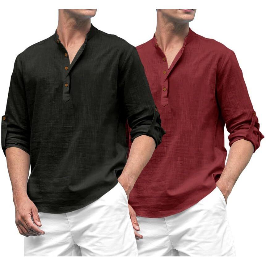 Royalscout Combo Of Men's Solid Cotton Blend Full Sleeve Straight Kurta Shirt (Pack Of 2) Black-Maroon