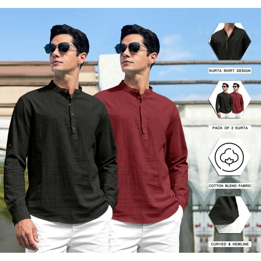 Royalscout Combo Of Men's Solid Cotton Blend Full Sleeve Straight Kurta Shirt (Pack Of 2) Black-Maroon
