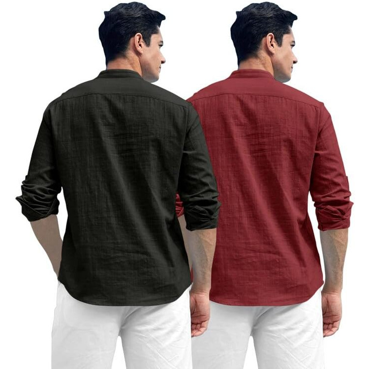 Royalscout Combo Of Men's Solid Cotton Blend Full Sleeve Straight Kurta Shirt (Pack Of 2) Black-Maroon