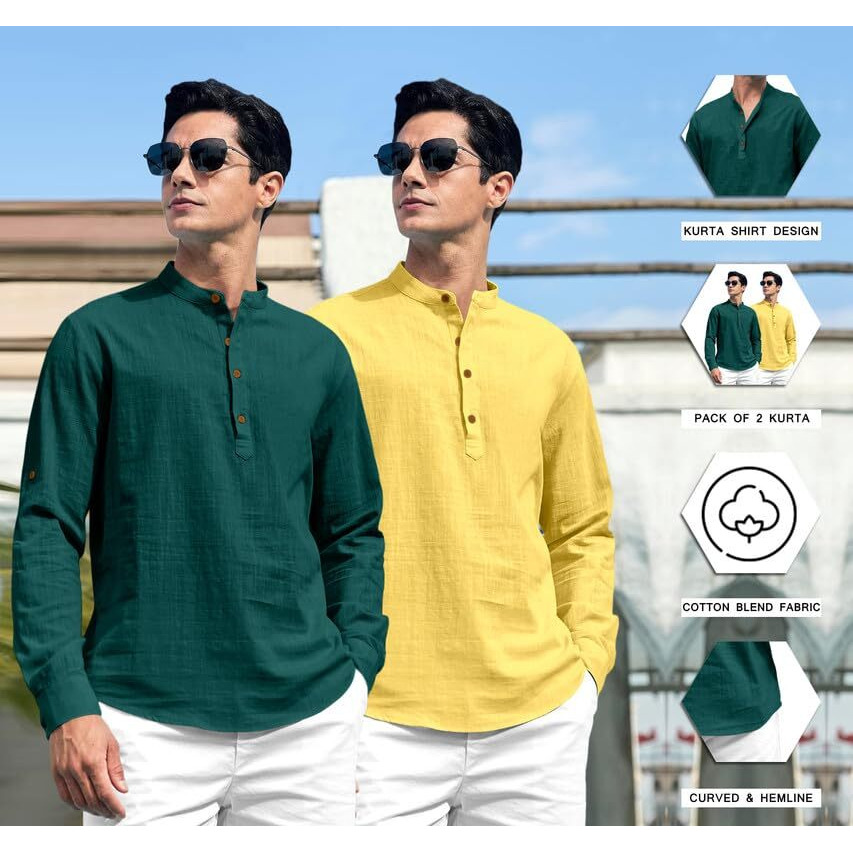 Royalscout Combo Of Men's Solid Cotton Blend Full Sleeve Straight Kurta Shirt (Pack Of 2) Green-Yellow