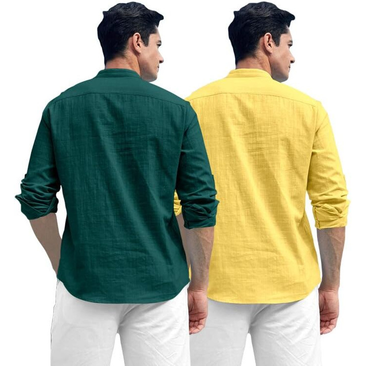 Royalscout Combo Of Men's Solid Cotton Blend Full Sleeve Straight Kurta Shirt (Pack Of 2) Green-Yellow