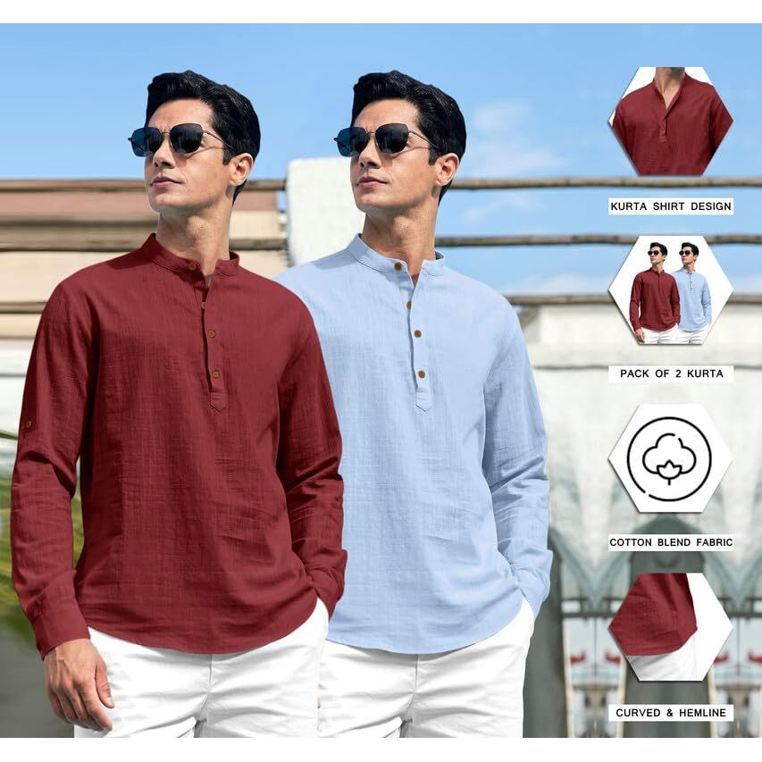 Royalscout Combo Of Men's Solid Cotton Blend Full Sleeve Straight Kurta Shirt (Pack Of 2)