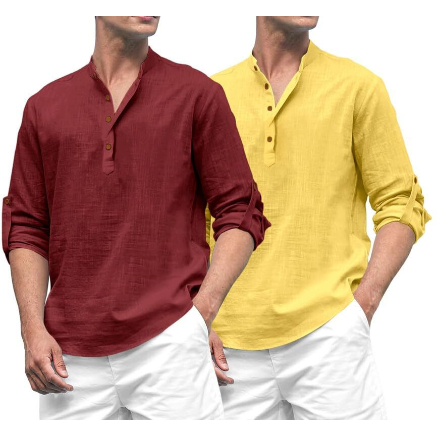 Royalscout Combo Of Men's Solid Cotton Blend Full Sleeve Straight Kurta Shirt (Pack Of 2) Maroon-Yellow