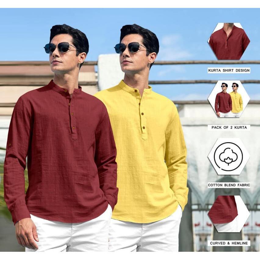 Royalscout Combo Of Men's Solid Cotton Blend Full Sleeve Straight Kurta Shirt (Pack Of 2) Maroon-Yellow