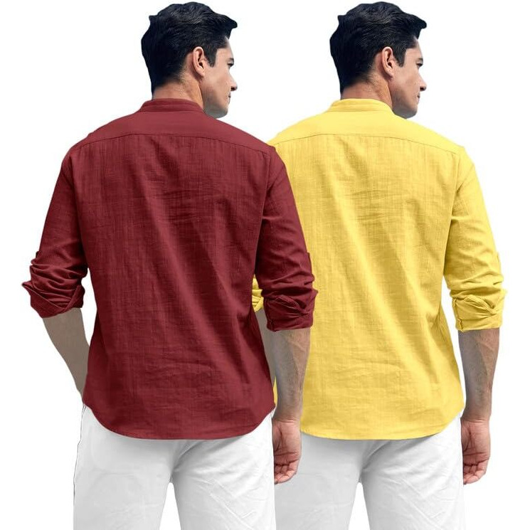 Royalscout Combo Of Men's Solid Cotton Blend Full Sleeve Straight Kurta Shirt (Pack Of 2) Maroon-Yellow