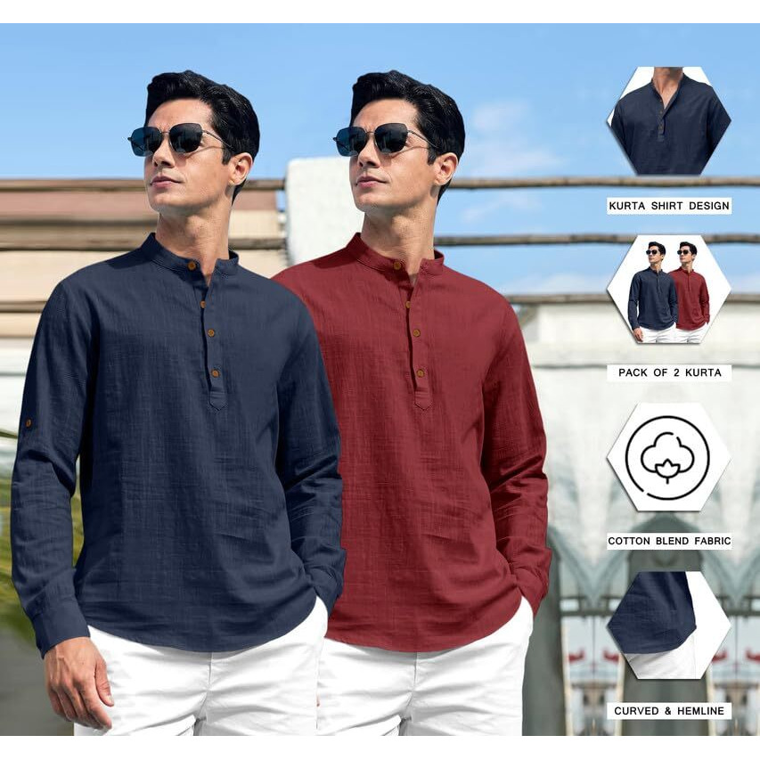 Royalscout Combo Of Men's Solid Cotton Blend Full Sleeve Straight Kurta Shirt (Pack Of 2) Navy-Maroon