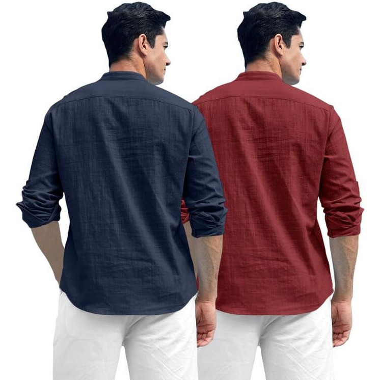 Royalscout Combo Of Men's Solid Cotton Blend Full Sleeve Straight Kurta Shirt (Pack Of 2) Navy-Maroon