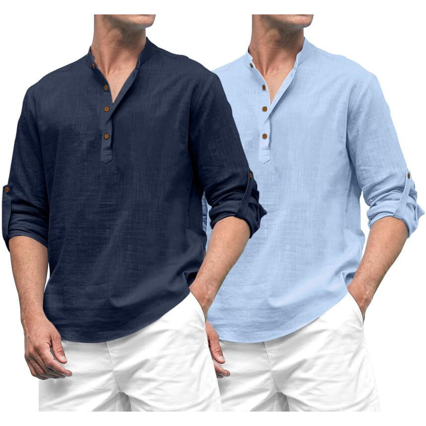 Royalscout Combo Of Men's Solid Cotton Blend Full Sleeve Straight Kurta Shirt (Pack Of 2) Navy-Sky