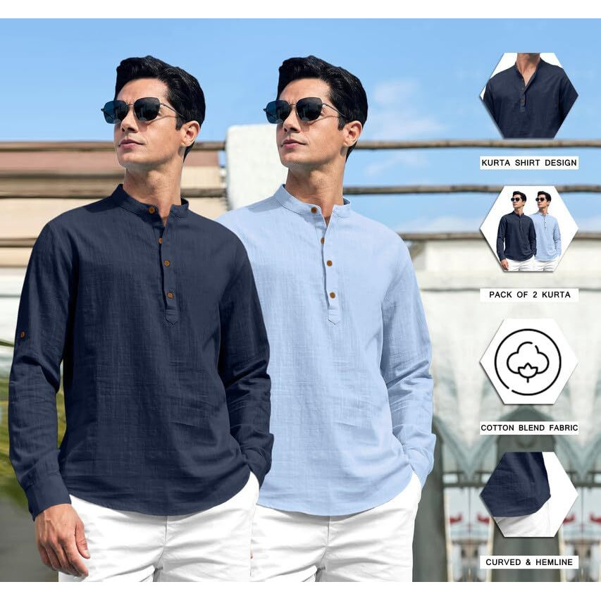 Royalscout Combo Of Men's Solid Cotton Blend Full Sleeve Straight Kurta Shirt (Pack Of 2) Navy-Sky