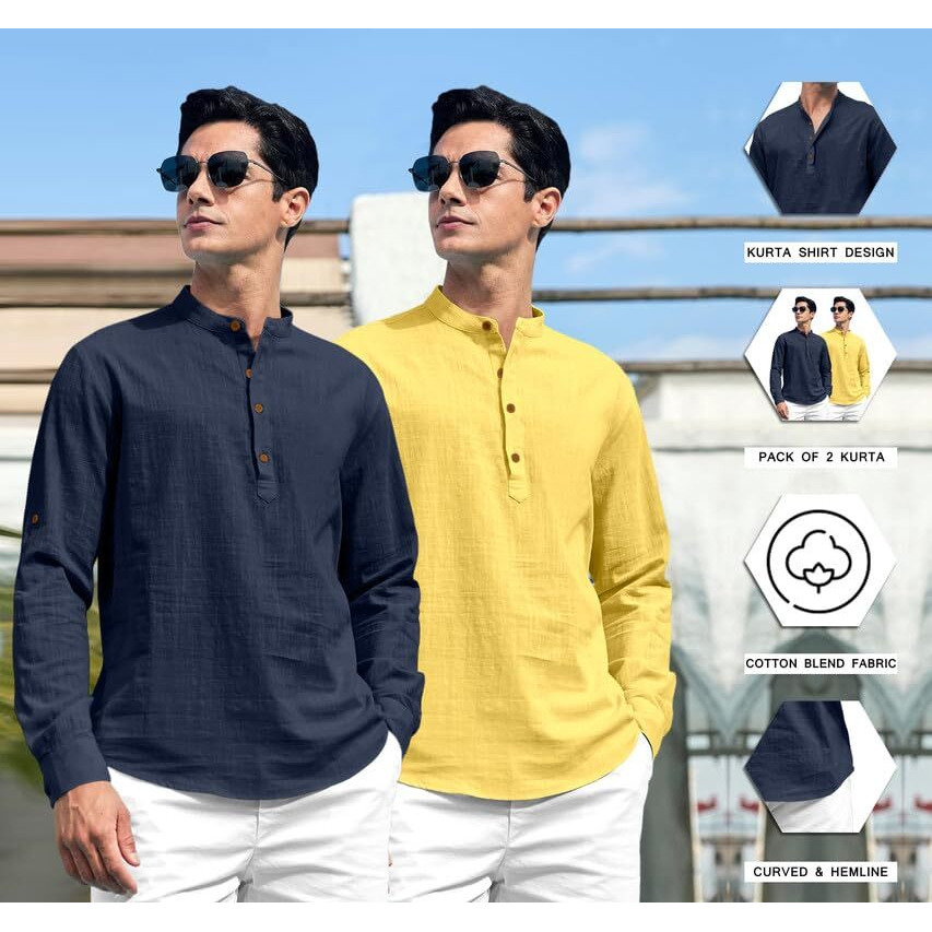 Royalscout Combo Of Men's Solid Cotton Blend Full Sleeve Straight Kurta Shirt (Pack Of 2) Navy-Yellow