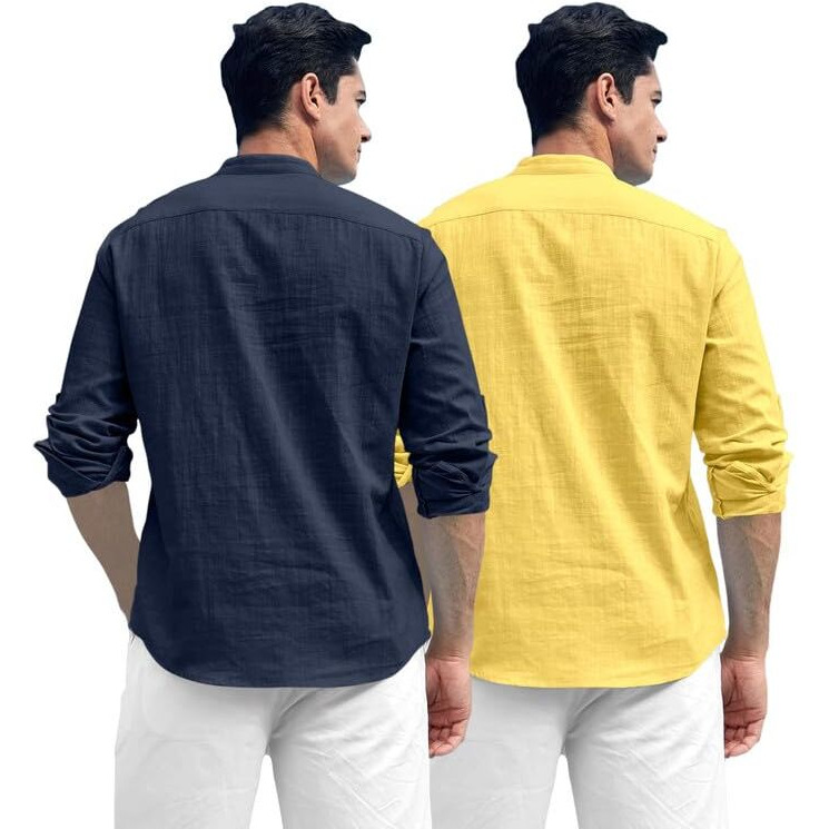 Royalscout Combo Of Men's Solid Cotton Blend Full Sleeve Straight Kurta Shirt (Pack Of 2) Navy-Yellow