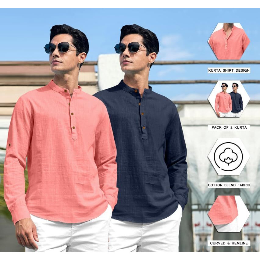 Royalscout Combo Of Men's Solid Cotton Blend Full Sleeve Straight Kurta Shirt (Pack Of 2) Peach-Navy