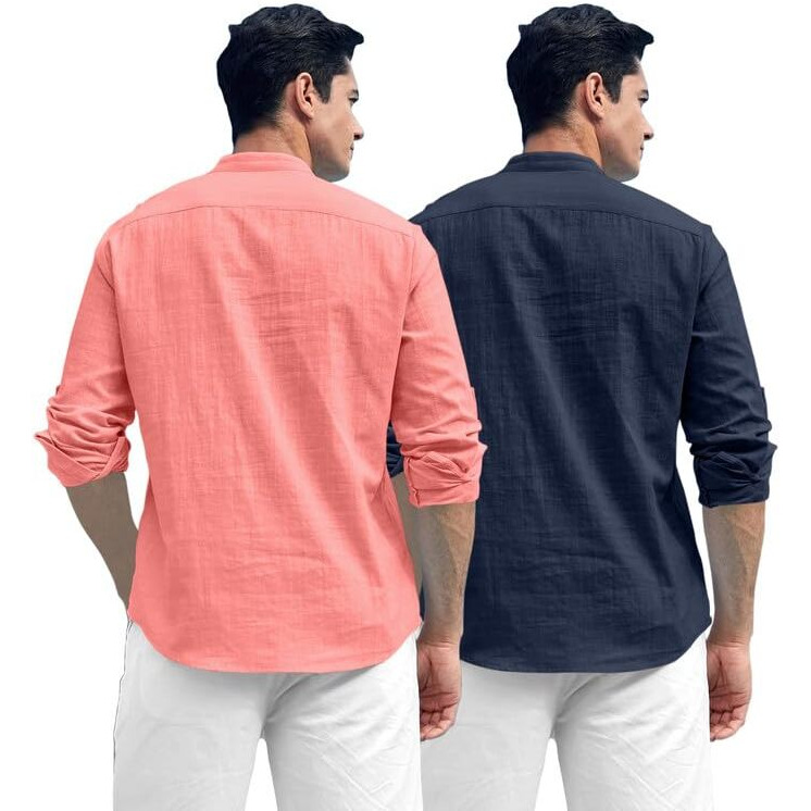 Royalscout Combo Of Men's Solid Cotton Blend Full Sleeve Straight Kurta Shirt (Pack Of 2) Peach-Navy