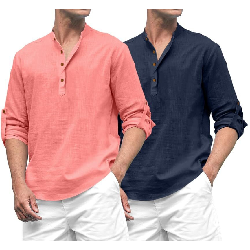 Royalscout Combo Of Men's Solid Cotton Blend Full Sleeve Straight Kurta Shirt (Pack Of 2) Peach-Navy