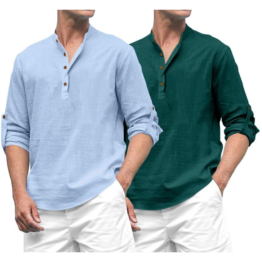 Royalscout Combo Of Men's Solid Cotton Blend Full Sleeve Straight Kurta Shirt (Pack Of 2)
