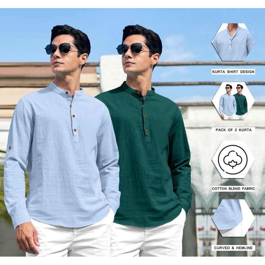 Royalscout Combo Of Men's Solid Cotton Blend Full Sleeve Straight Kurta Shirt (Pack Of 2)