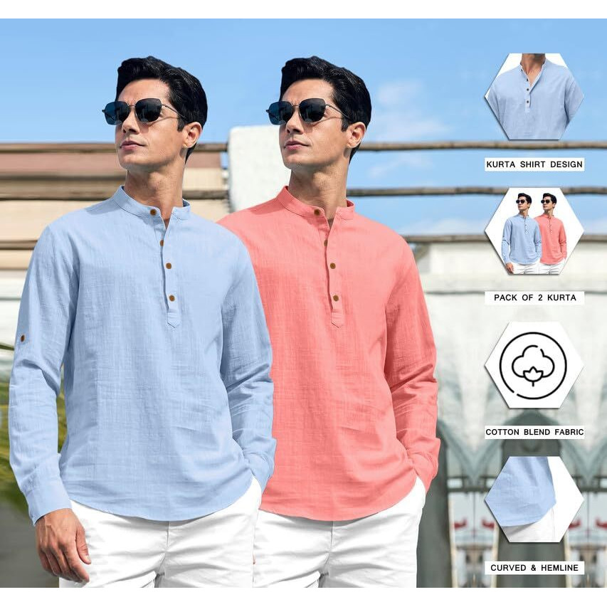 Royalscout Combo Of Men's Solid Cotton Blend Full Sleeve Straight Kurta Shirt (Pack Of 2)