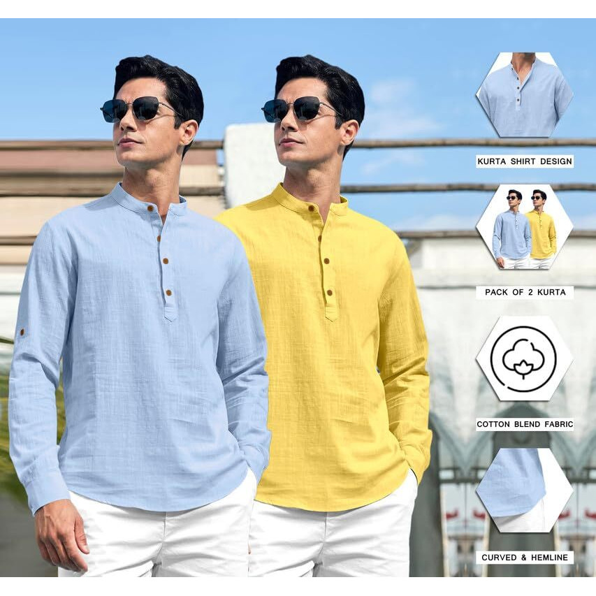 Royalscout Combo Of Men's Solid Cotton Blend Full Sleeve Straight Kurta Shirt (Pack Of 2)