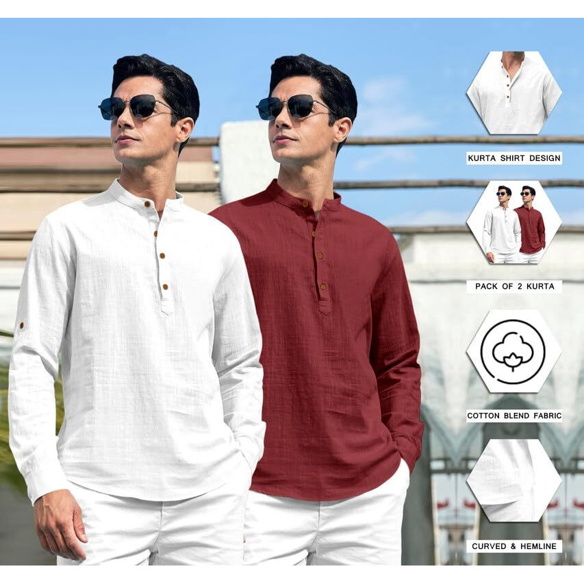 Royalscout Combo Of Men's Solid Cotton Blend Full Sleeve Straight Kurta Shirt (Pack Of 2)
