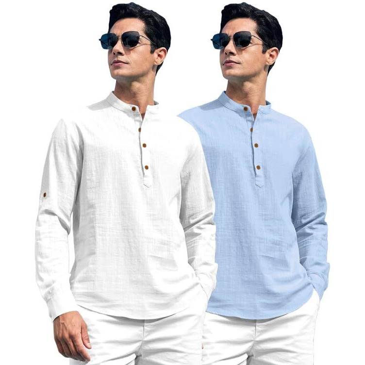 Royalscout Combo Of Men's Solid Cotton Blend Full Sleeve Straight Kurta Shirt (Pack Of 2)