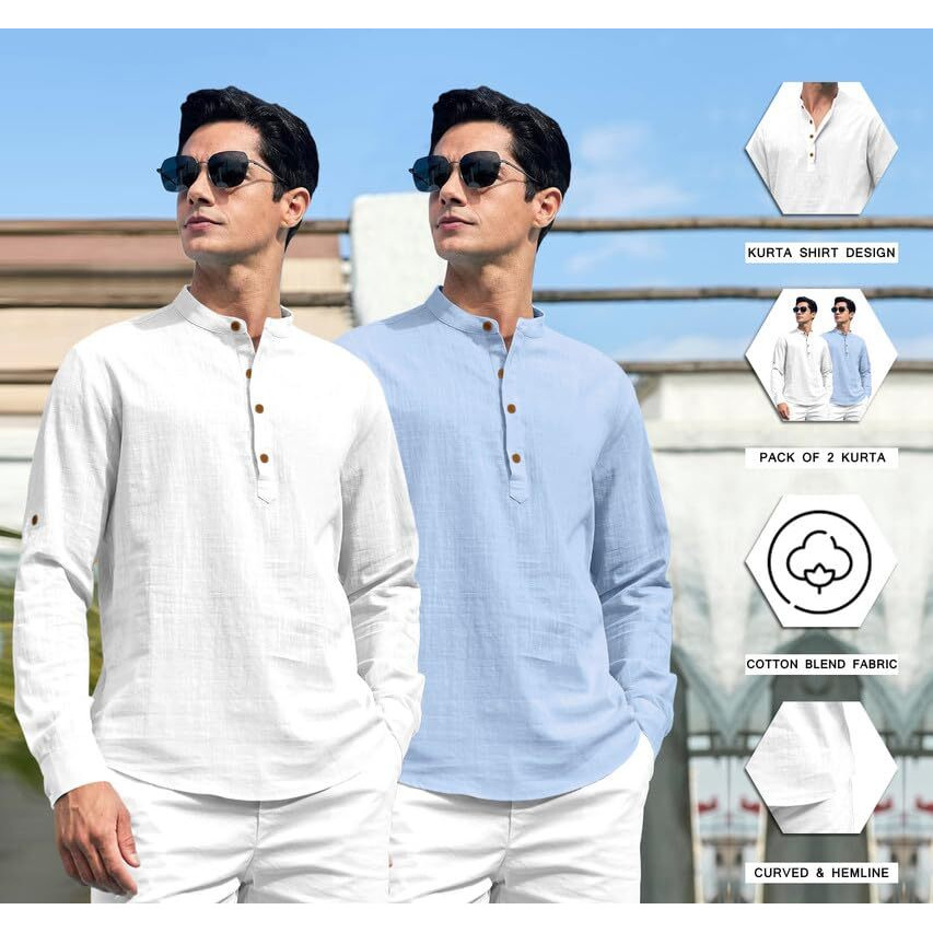Royalscout Combo Of Men's Solid Cotton Blend Full Sleeve Straight Kurta Shirt (Pack Of 2)