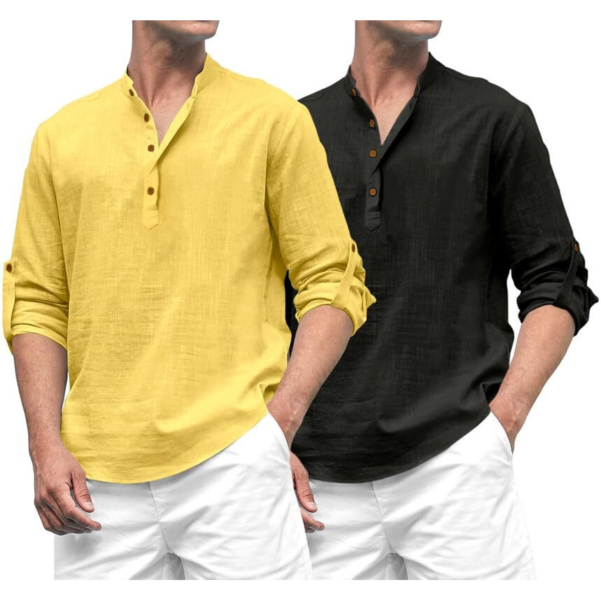 Royalscout Combo Of Men's Solid Cotton Blend Full Sleeve Straight Kurta Shirt (Pack Of 2) Yellow-Black