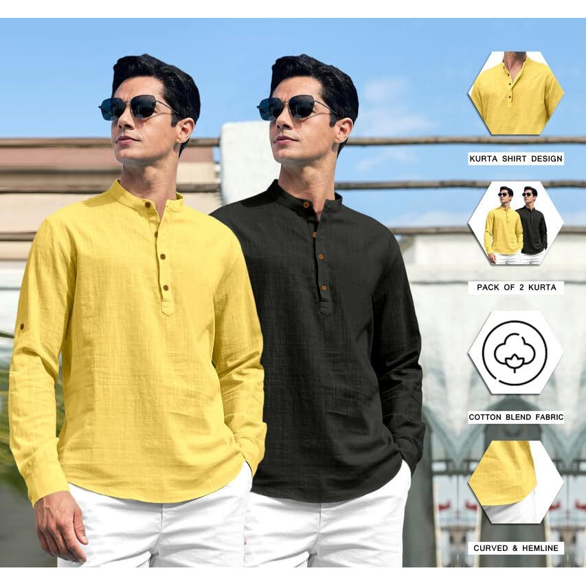 Royalscout Combo Of Men's Solid Cotton Blend Full Sleeve Straight Kurta Shirt (Pack Of 2) Yellow-Black