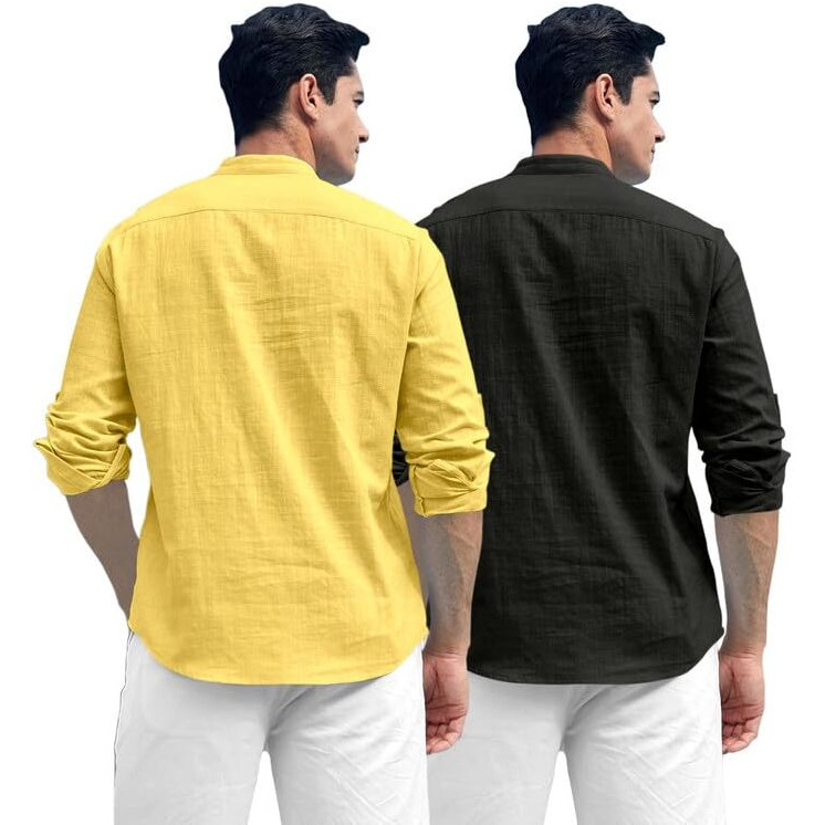 Royalscout Combo Of Men's Solid Cotton Blend Full Sleeve Straight Kurta Shirt (Pack Of 2) Yellow-Black