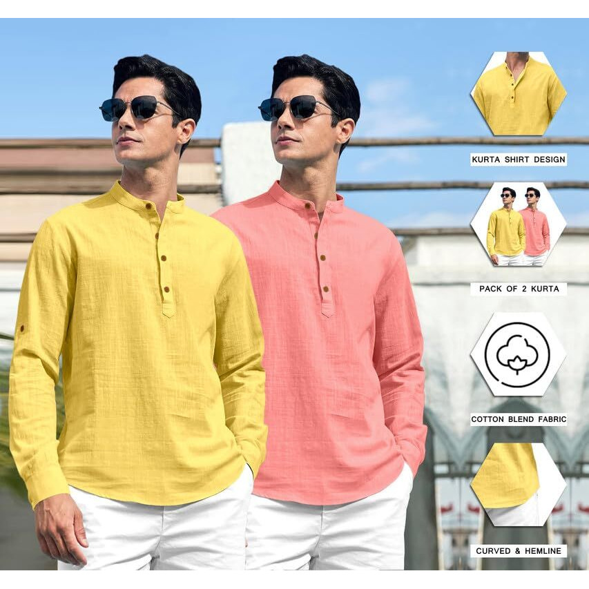 Royalscout Combo Of Men's Solid Cotton Blend Full Sleeve Straight Kurta Shirt (Pack Of 2)