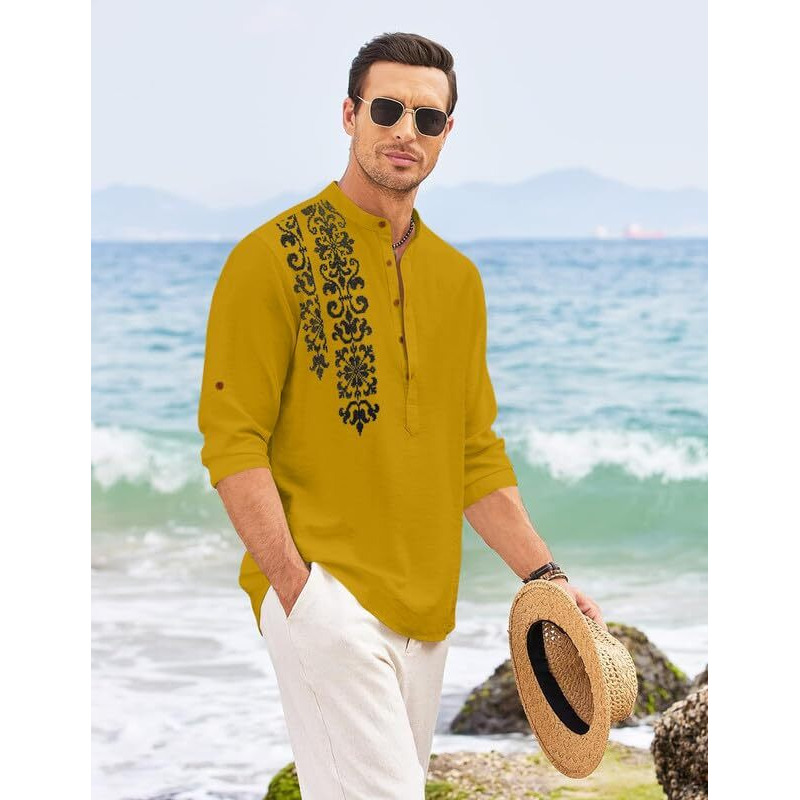 Royalscout Men's Regular Fit Stylish Embroidered Design Cotton Blend Full Sleeve Short Straight Kurta Shirt Gold