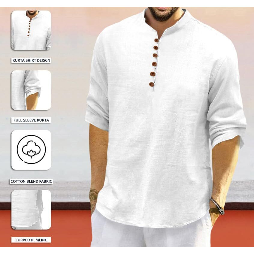 Royalscout Men's Cotton Polyester Blend Solid Regular Fit Full Sleeve Short Kurta | Ethnic, Lightweight Summer Kurta For Daily & Occasion Use White