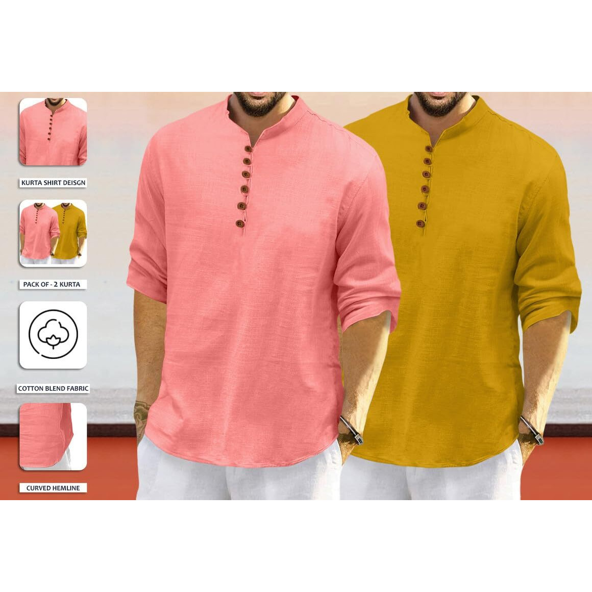 Royalscout Men's Cotton Polyester Blend Solid Regular Fit Full Sleeve Short Kurta | Ethnic, Lightweight Summer Kurta For Daily & Occasion Use