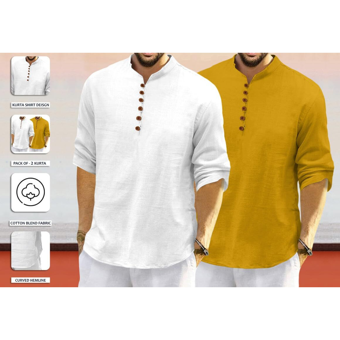Royalscout Men's Cotton Polyester Blend Solid Regular Fit Full Sleeve Short Kurta | Ethnic, Lightweight Summer Kurta For Daily & Occasion Use White-Gold