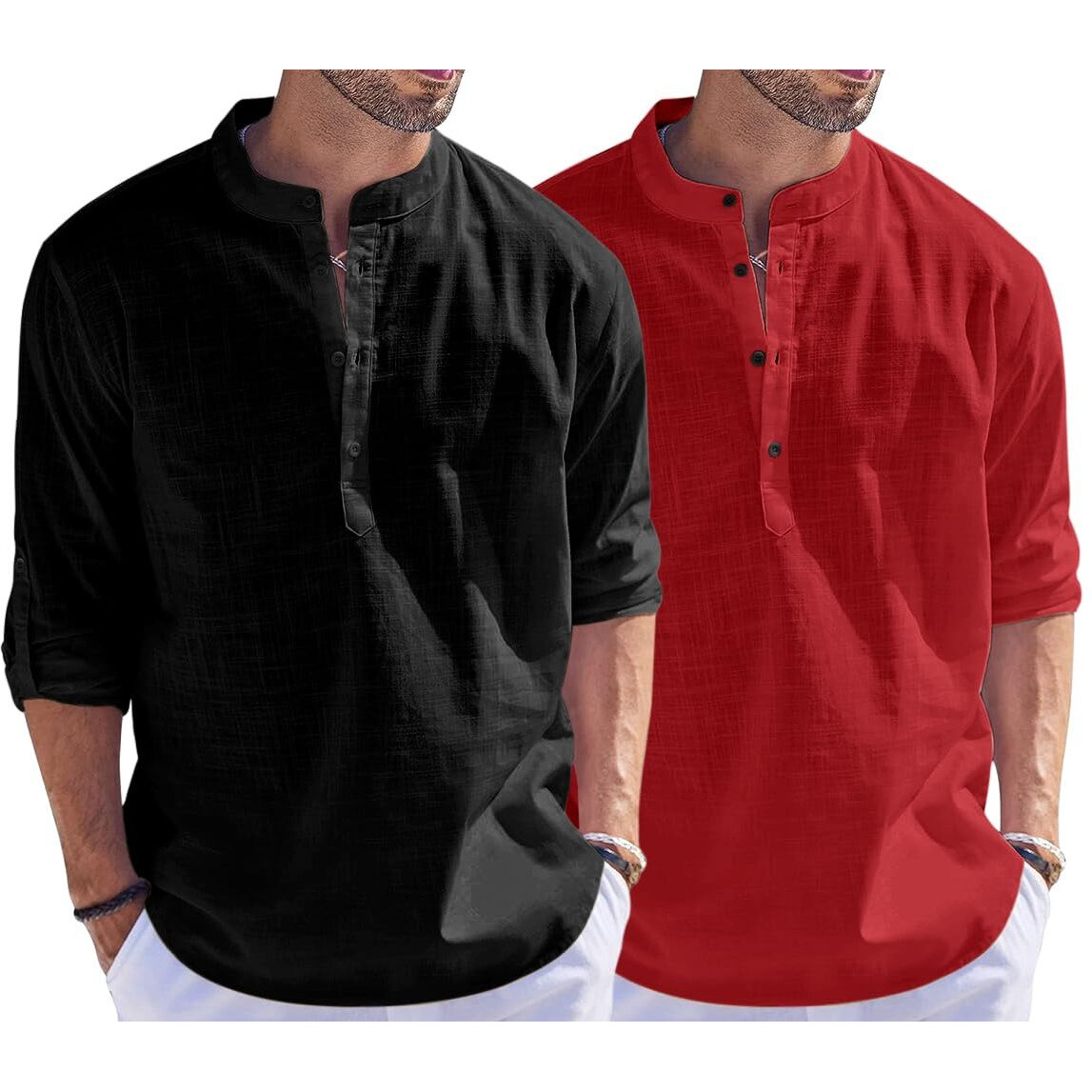Bellstone Men's Cotton Blend Solid Regular Dress Shirt (Kurta1500_Combo_Black & Maroon_S