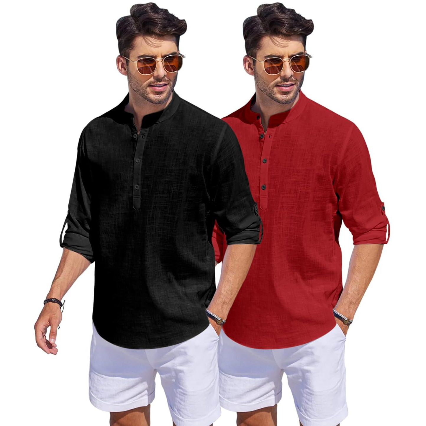 Bellstone Men's Cotton Blend Solid Regular Fit Dress Shirt (Kurta1500_Combo_Black & Maroon_L)