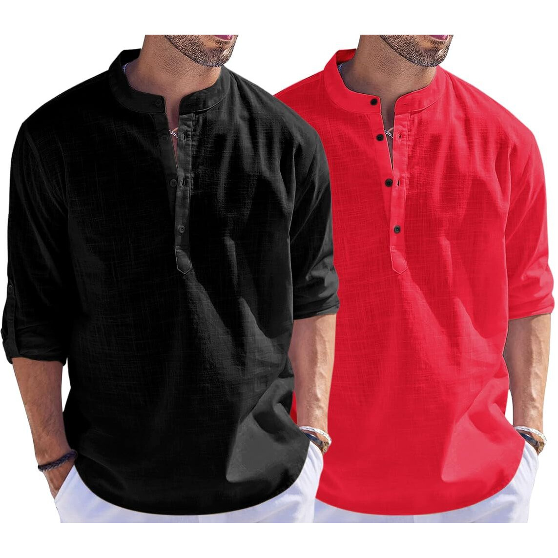 Bellstone Men's Cotton Blend Solid Regular Dress Shirt (Kurta1500_Combo_Black & Red_M