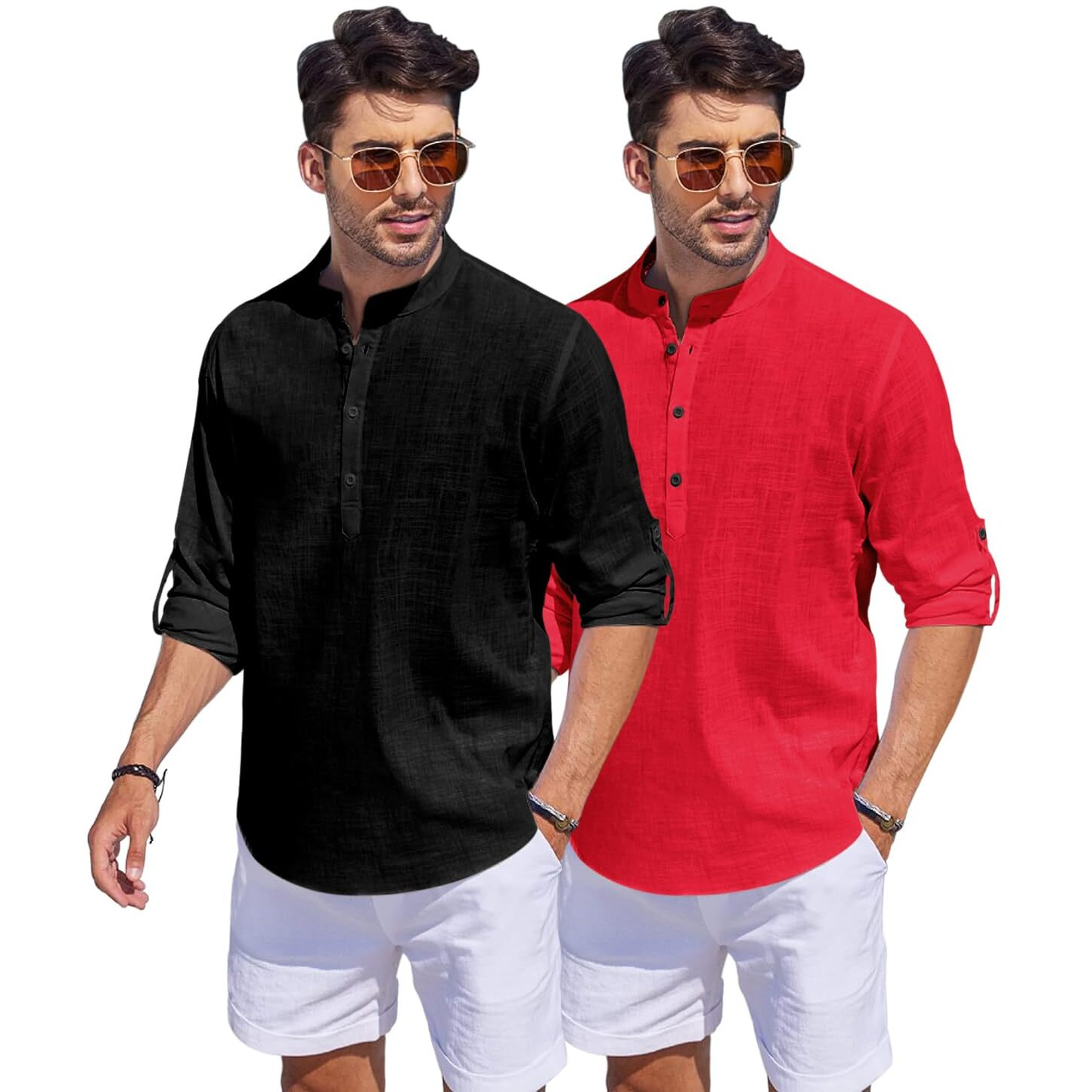 Bellstone Men's Cotton Blend Solid Regular Dress Shirt (Kurta1500_Combo_Black & Red_L